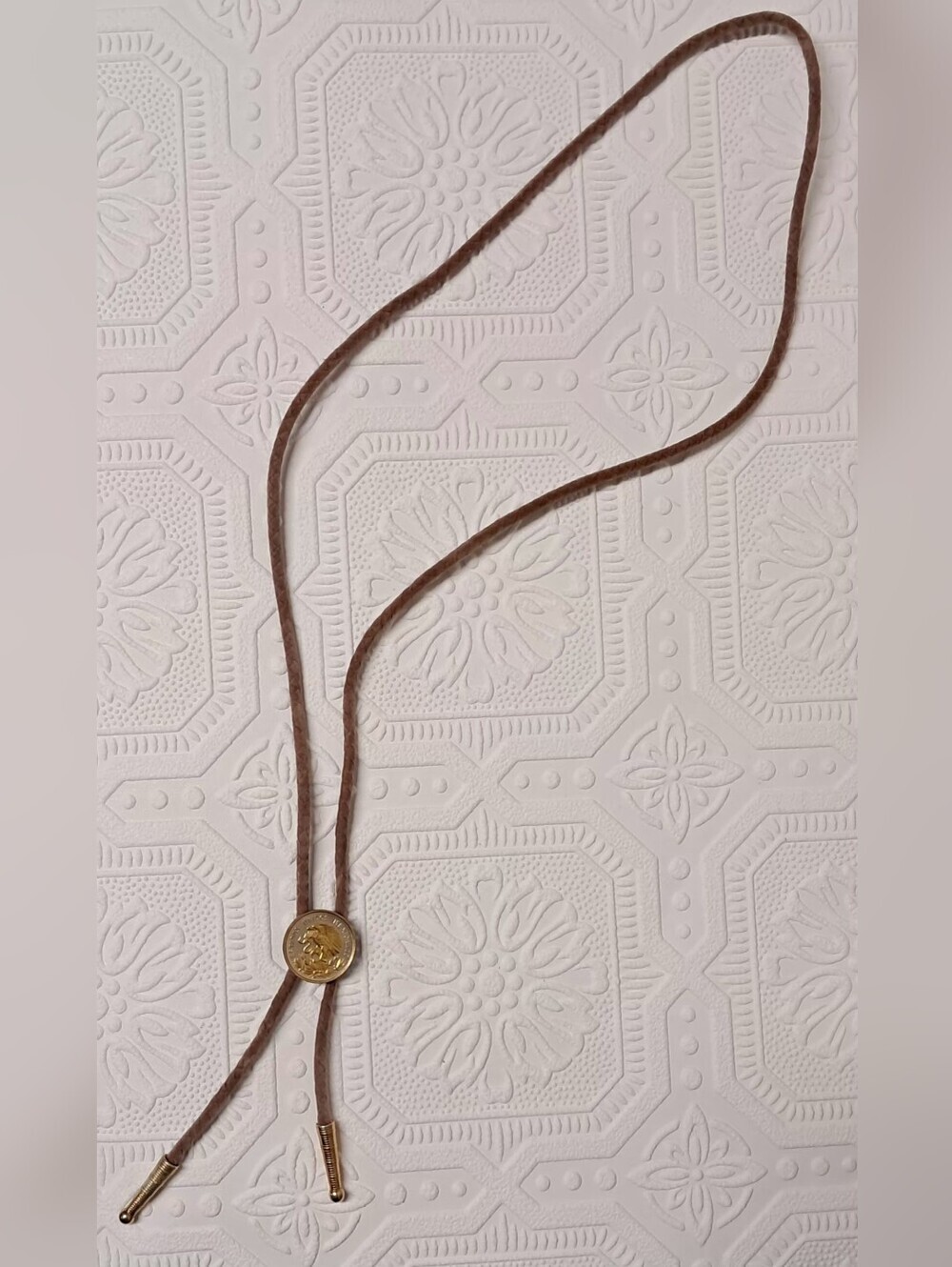 Gold Tone Mexican Medallion Bolo Tie With Suede Cord